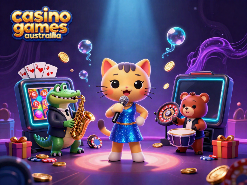 Experience the excitement of casino games Australia with a vibrant 3D scene featuring animated characters and gaming elements.