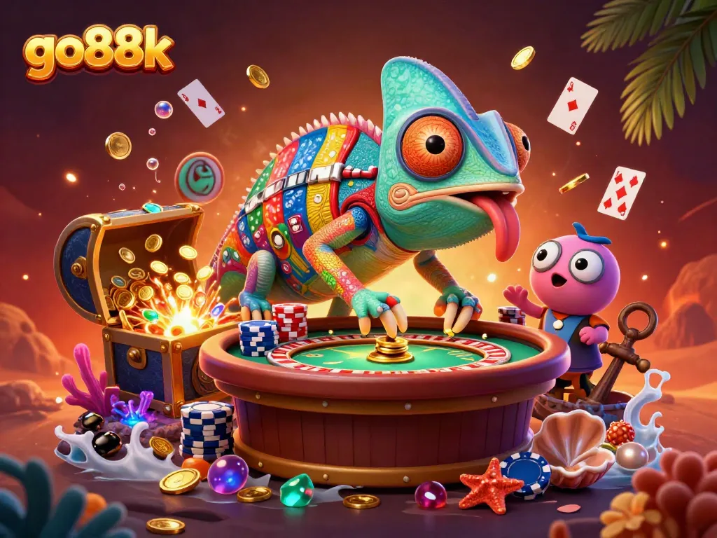 Engage in thrilling games at go88k with a vibrant chameleon casino owner, encapsulating the excitement of online gambling.
