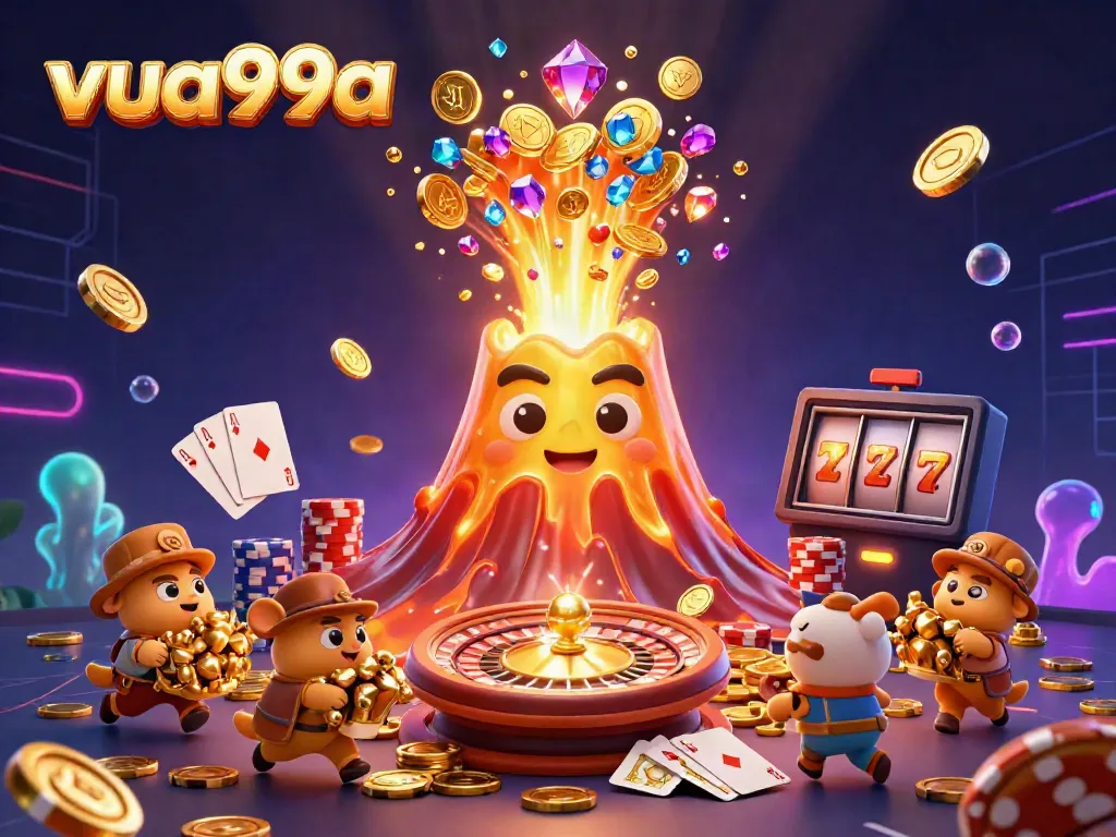 Experience the vibrant world of vua99a, where a golden volcano erupts coins and treasures in a fun casino scene.