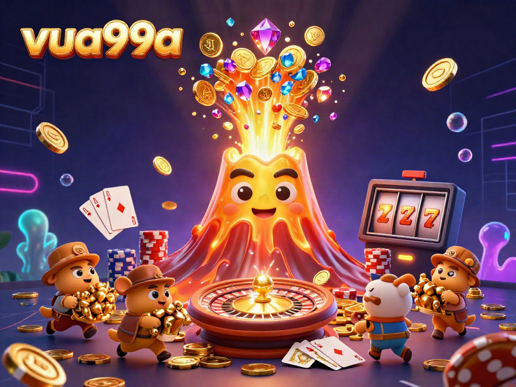 Experience the vibrant world of vua99a, where a golden volcano erupts coins and treasures in a fun casino scene.