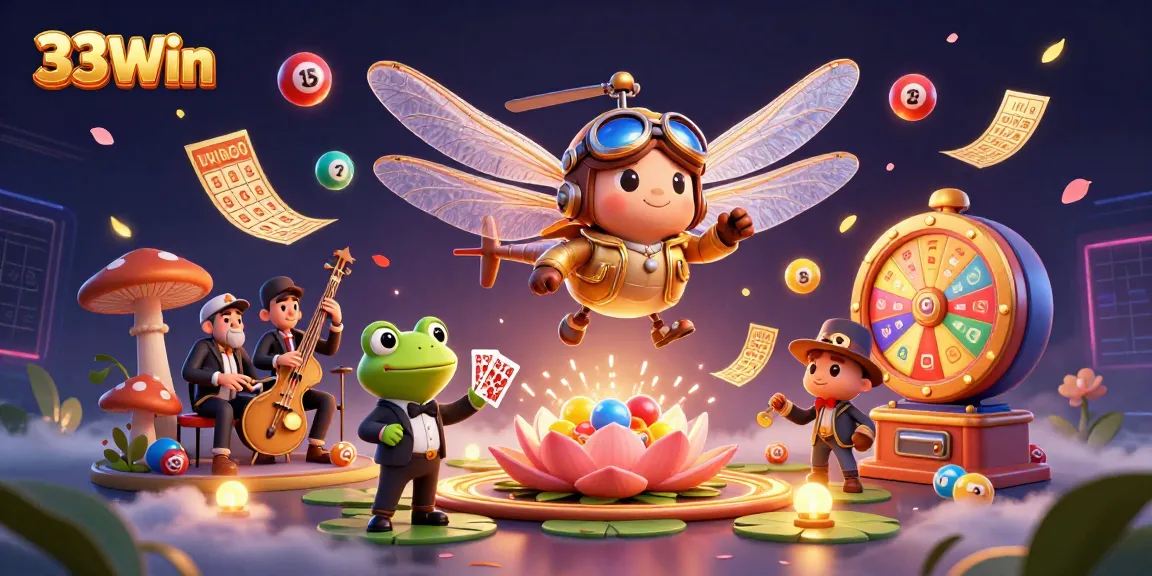 Engage with the vibrant world of 33Win through an exciting illustration capturing a dragonfly pilot, frog croupier, and cricket musicians.