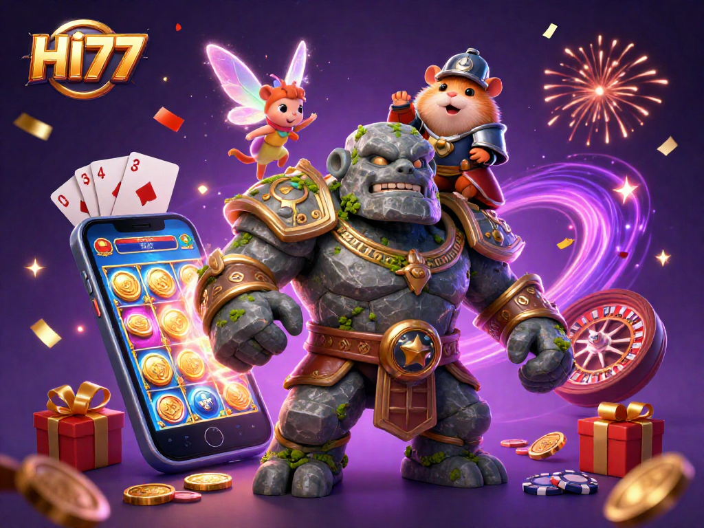 Experience HI77's thrilling gambling adventure with a vibrant 3D illustration of gaming characters.