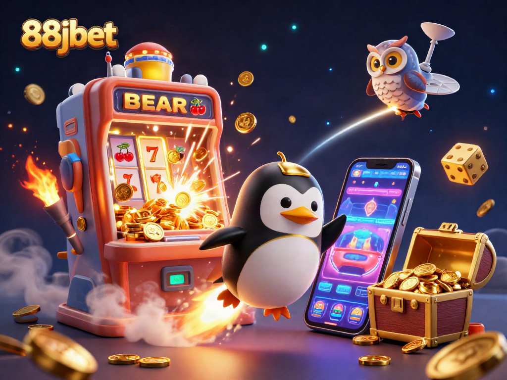Experience thrilling 88jbet games with a golden penguin blasting into a cosmic casino adventure.