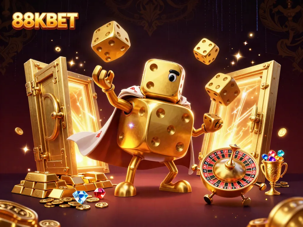 Experience the excitement of 88KBET with a dynamic 3D casino scene featuring golden dice and jewels.