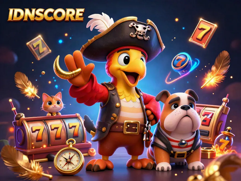 IDNSCORE showcases an exciting slots scene with diverse characters in a vibrant casino atmosphere.