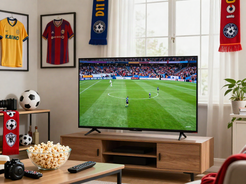 Fan engagingly watching live football matches on https://socolive8.media/ in a cozy living room filled with memorabilia.