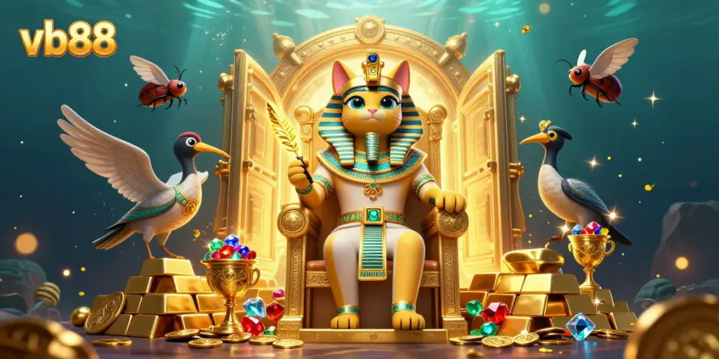 Experience the thrilling world of vb88 with an Egyptian pharaoh cat amidst gold treasures in a casino setting.