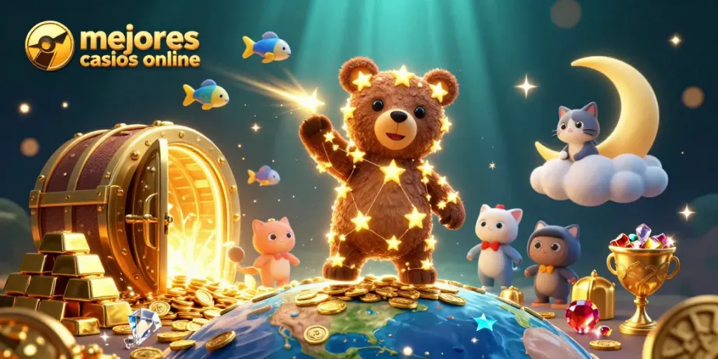 Ilustración de los mejores casinos online, con un oso de constelación y monedas en un fondo dinámico.