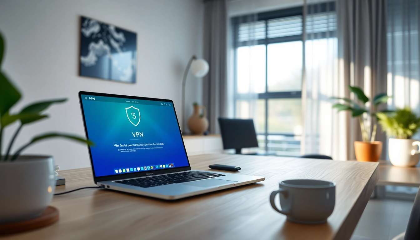 在明亮的家庭办公室中，现代笔记本电脑上显示的快连 VPN 软件，象征安全且快速的互联网访问。