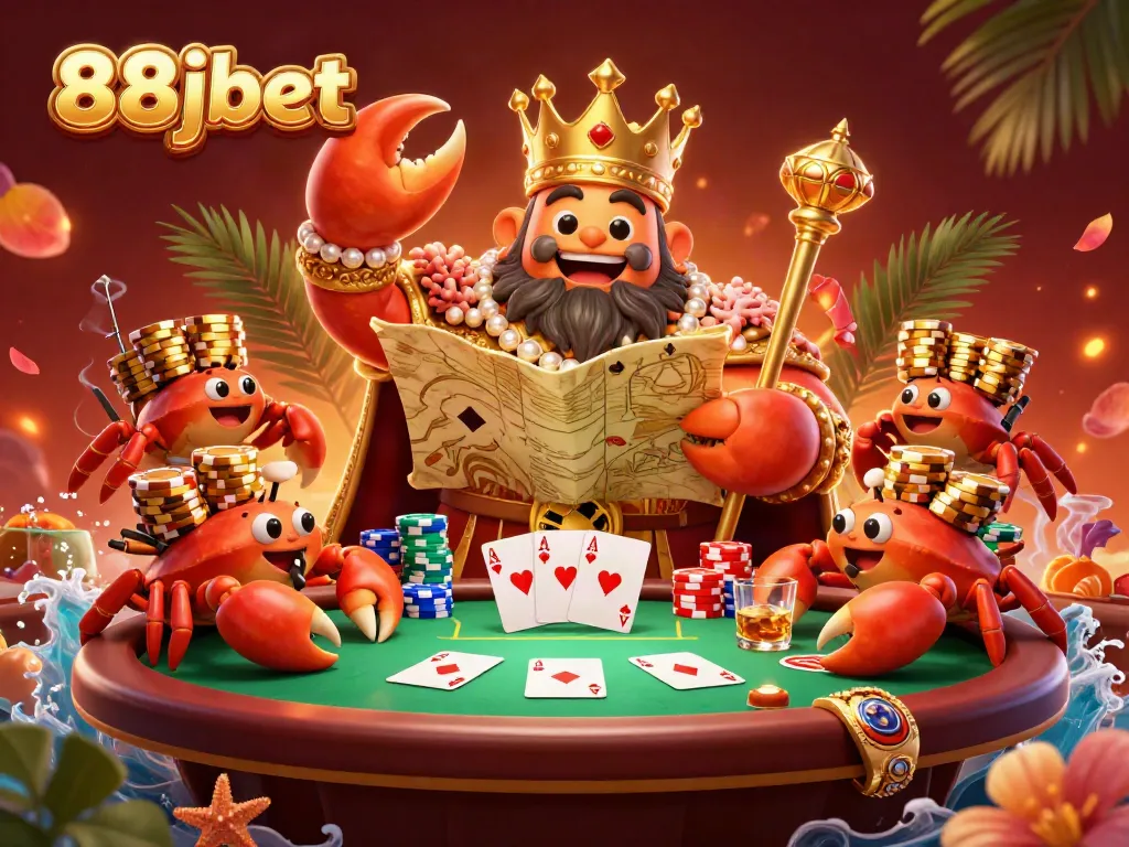 Interact in vibrant casino action with 88jbet's golden crab emperor amidst poker elements.