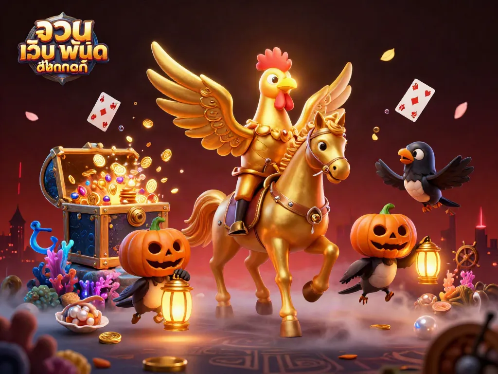 การเล่นเกมพนันออนไลน์ รวม เว็บ พนัน ออนไลน์ ในบรรยากาศคาสิโนที่มีตัวละครนกทองคำและม้าผี