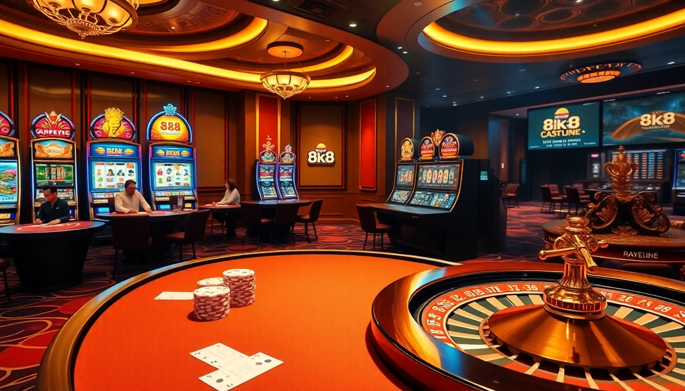 Win big at 8k8 with vibrant casino tables and exciting slot machines in a thrilling betting scene.