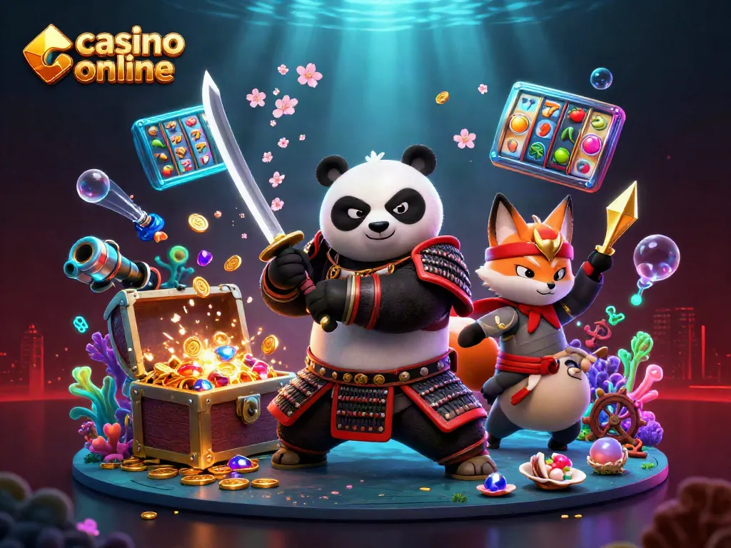 Disfruta de casino online con un samurái panda y un zorro ninja entre oro y juegos de azar.