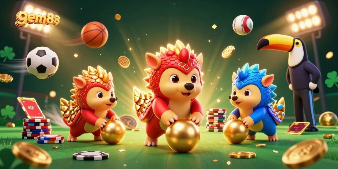 Experience thrilling gaming with gem88 as rival pangolins playfully bowl through poker chips, showcasing vibrant casino action.