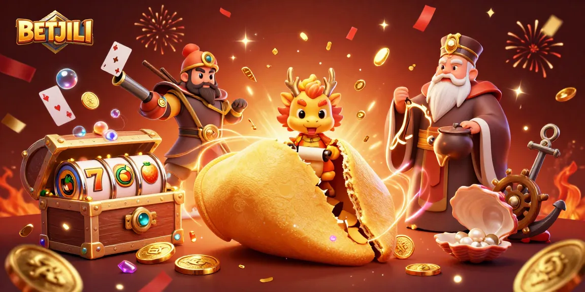 Betjili players spin to win with golden fortune cookies and vibrant casino elements in 3D