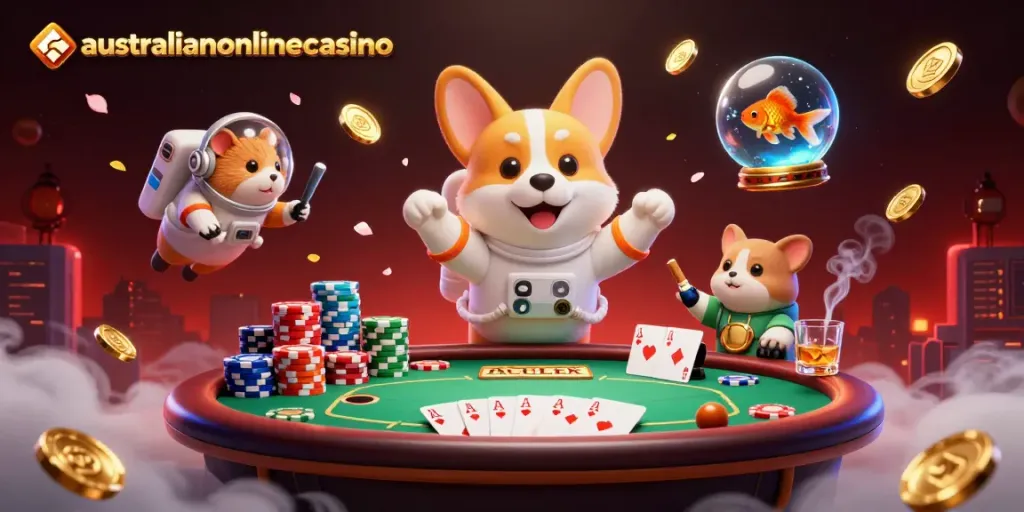 Experience excitement at australianonlinecasino with a floating corgi, poker chips, and live casino elements