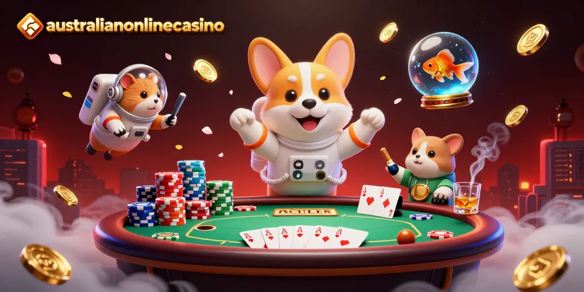 Experience excitement at australianonlinecasino with a floating corgi, poker chips, and live casino elements