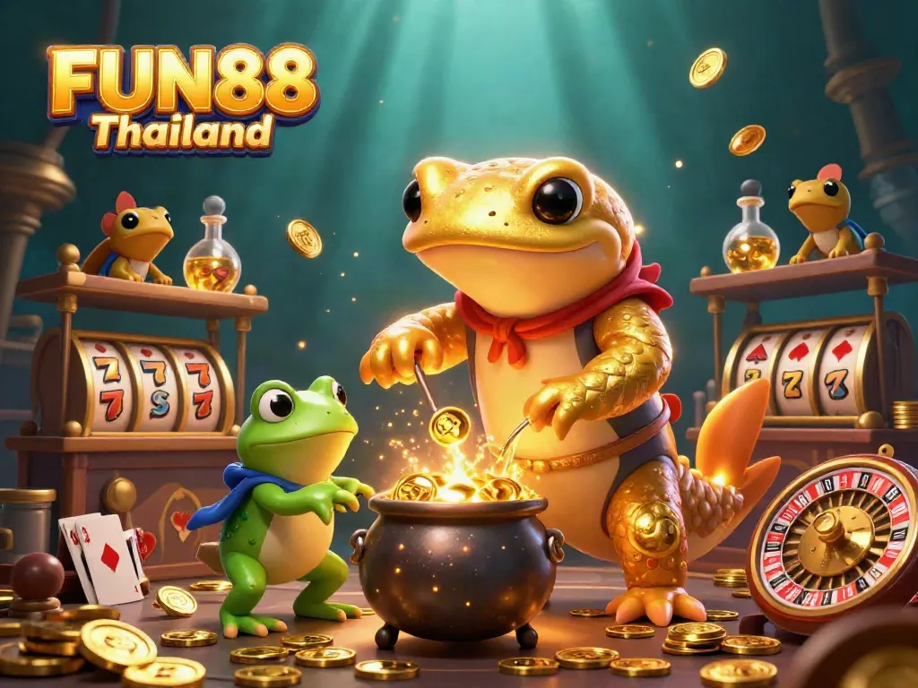 Engage with FUN88 Thailand's dynamic gaming scene featuring animated characters and vibrant casino elements.
