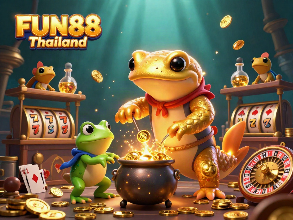 Engage with FUN88 Thailand's dynamic gaming scene featuring animated characters and vibrant casino elements.