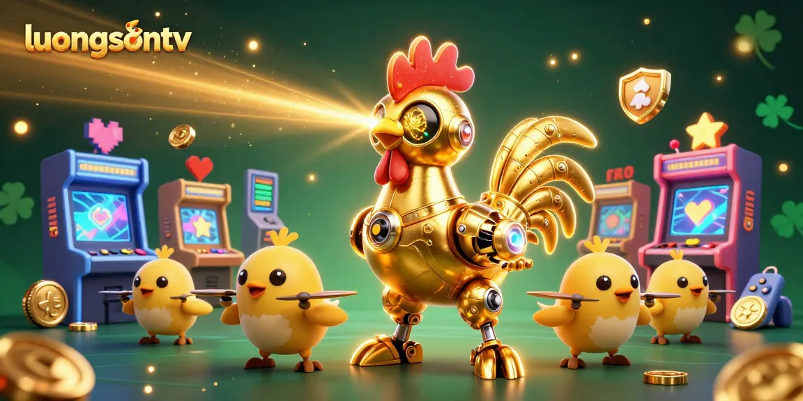 Experience live gameplay and excitement with luongsontv's vibrant 3D illustration of a golden rooster robot in a colorful casino.