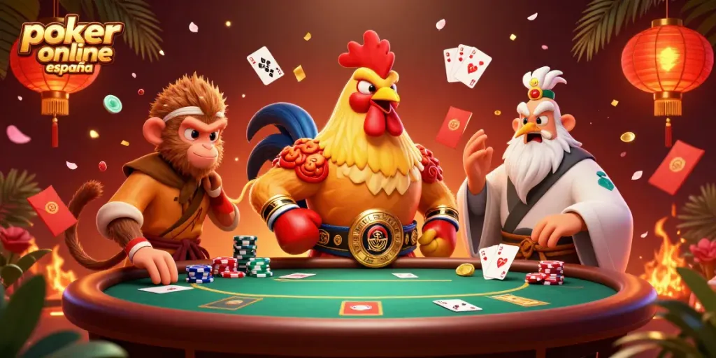 Juega al poker online España en un entorno vibrante con personajes y elementos de juego.