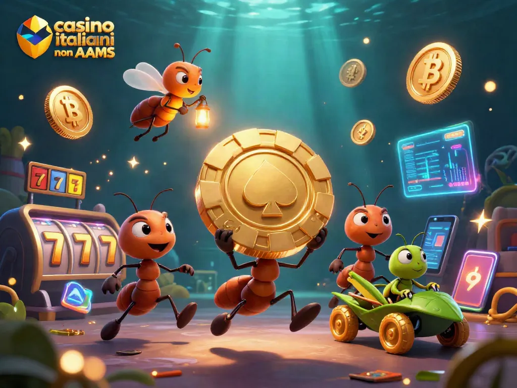 Cattura emozioni nei casino italiani non AAMS con un gruppo di formiche in fuga mentre portano una fiches d'oro gigante.