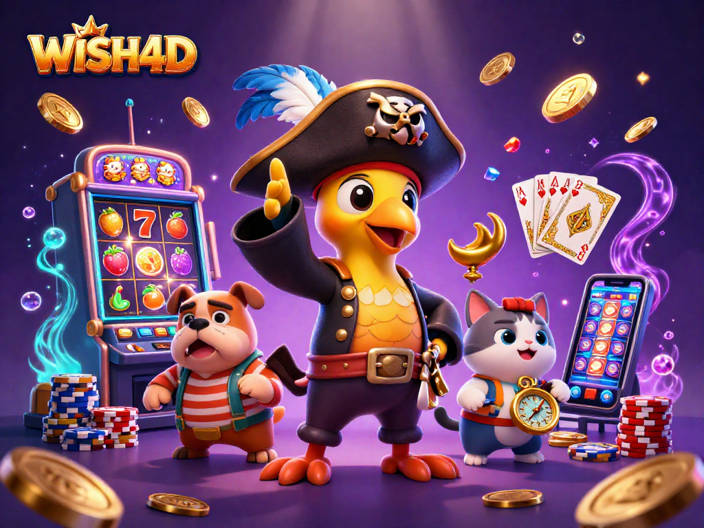 Experience the thrill of WISH4D with a vibrant pirate-themed slot game scene.