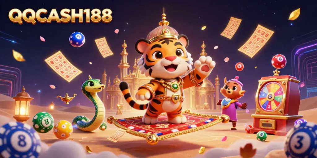 Engage with QQCASH188 through vibrant 3D illustration showcasing dynamic lottery elements and an Arabian Nights theme.