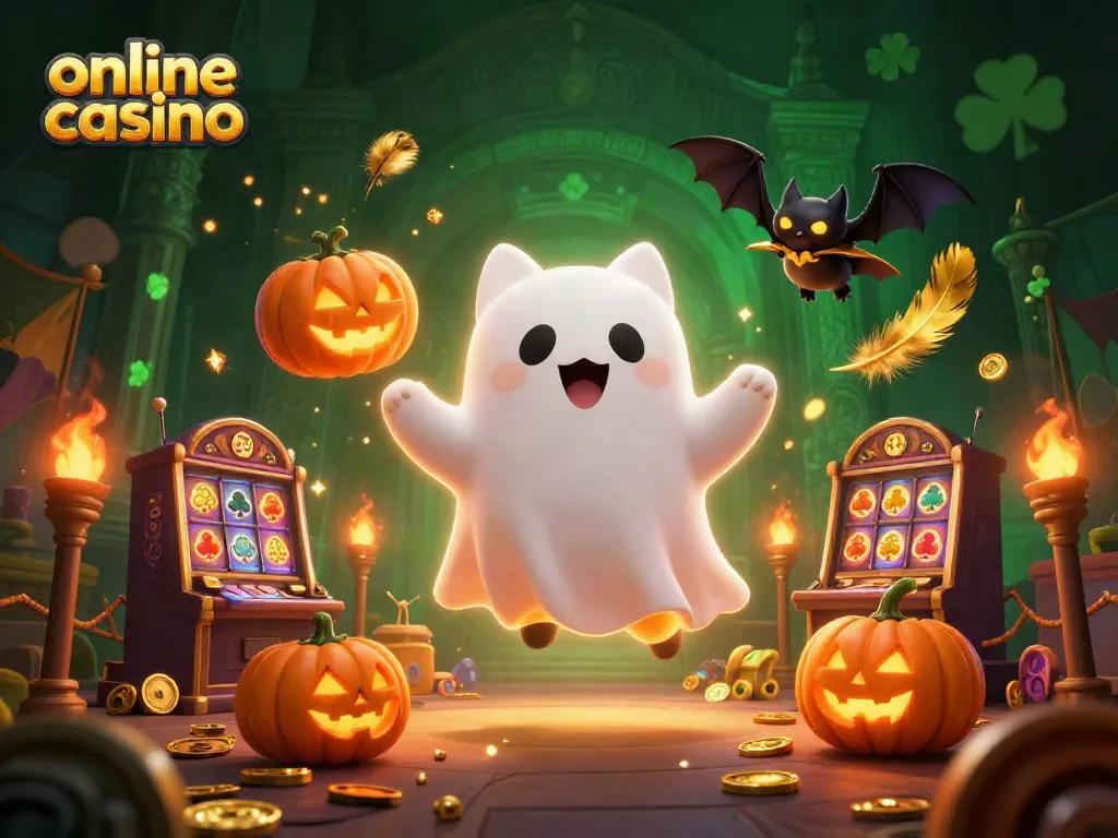 Juega en un casino online con un gato fantasma y un murciélago en un entorno de tragamonedas emocionante.