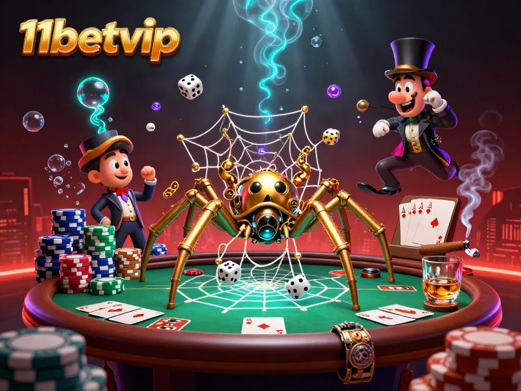 Engage in thrilling gameplay at 11betvip with a steampunk-inspired casino theme featuring poker elements and a hidden web of chance.
