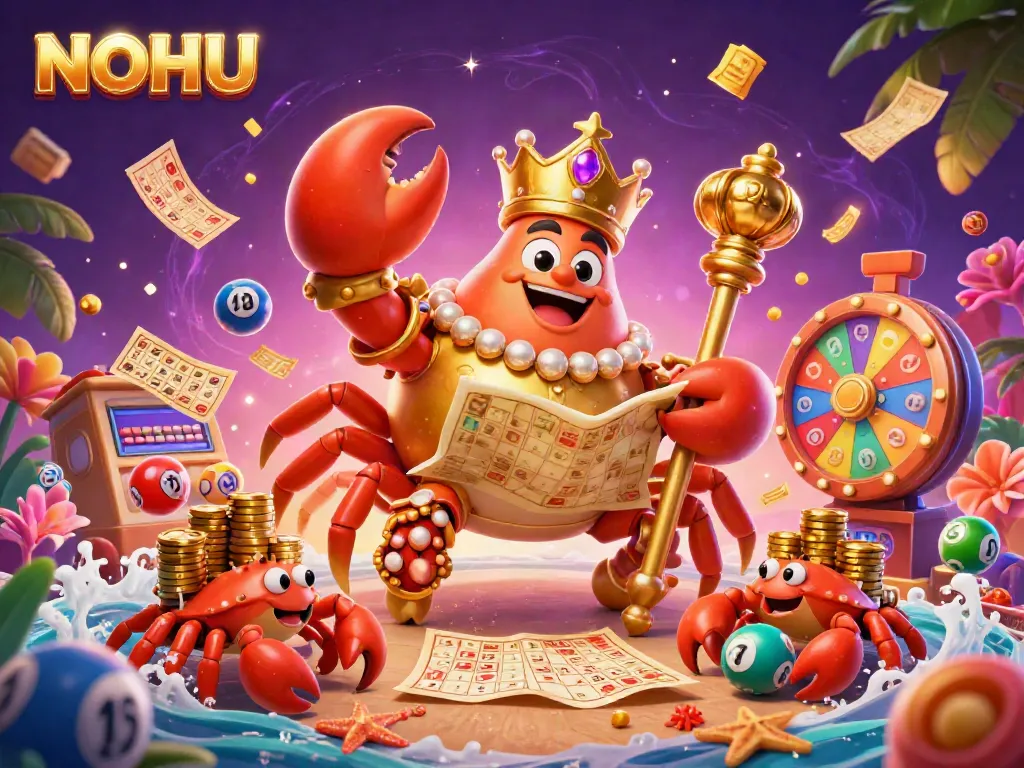 Feel the excitement of NOHU with a dynamic 3D illustration showing a golden crab emperor amidst vibrant gaming elements.