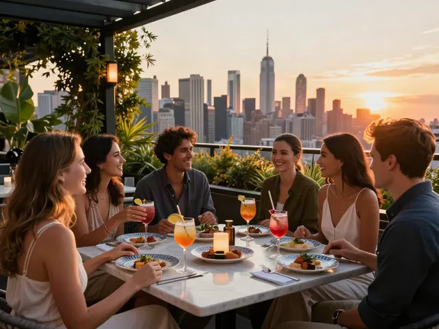 Group enjoying cocktails and dishes at NoHu Rooftop Bar with stunning NYC skyline