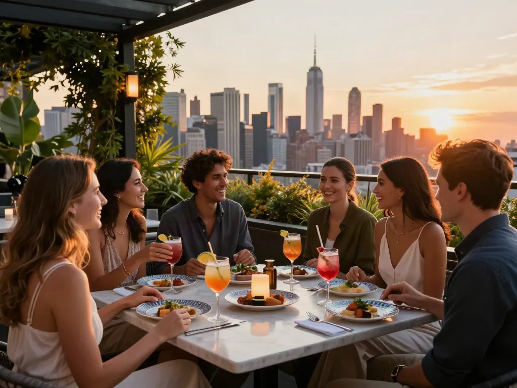 Group enjoying cocktails and dishes at NoHu Rooftop Bar with stunning NYC skyline