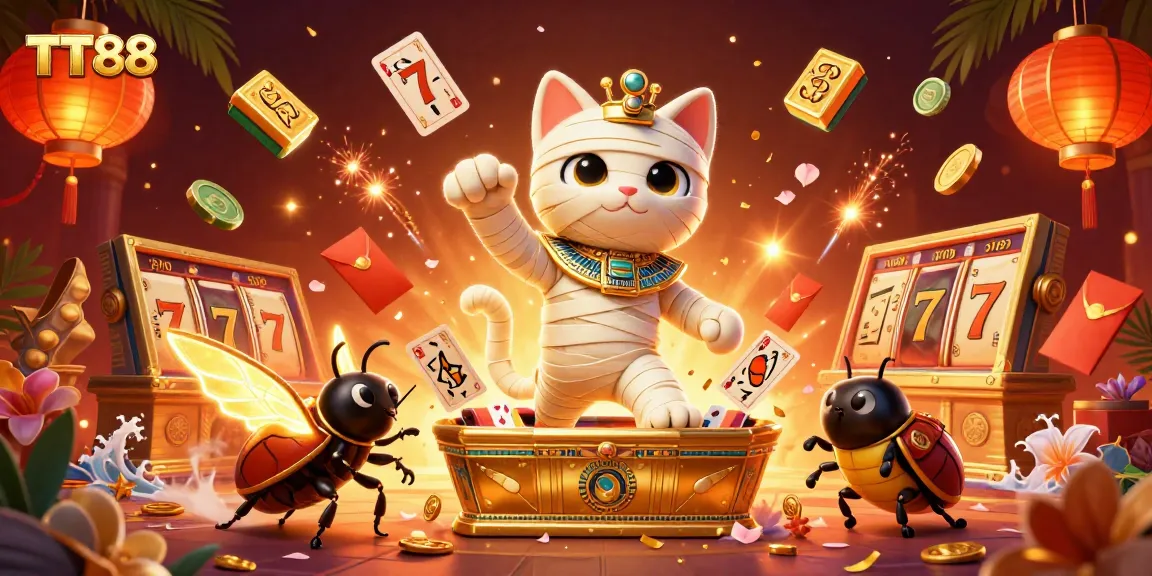 Experience TT88's thrilling casino adventure with a mummy cat and scarab beetle in a vibrant pyramid casino scene.