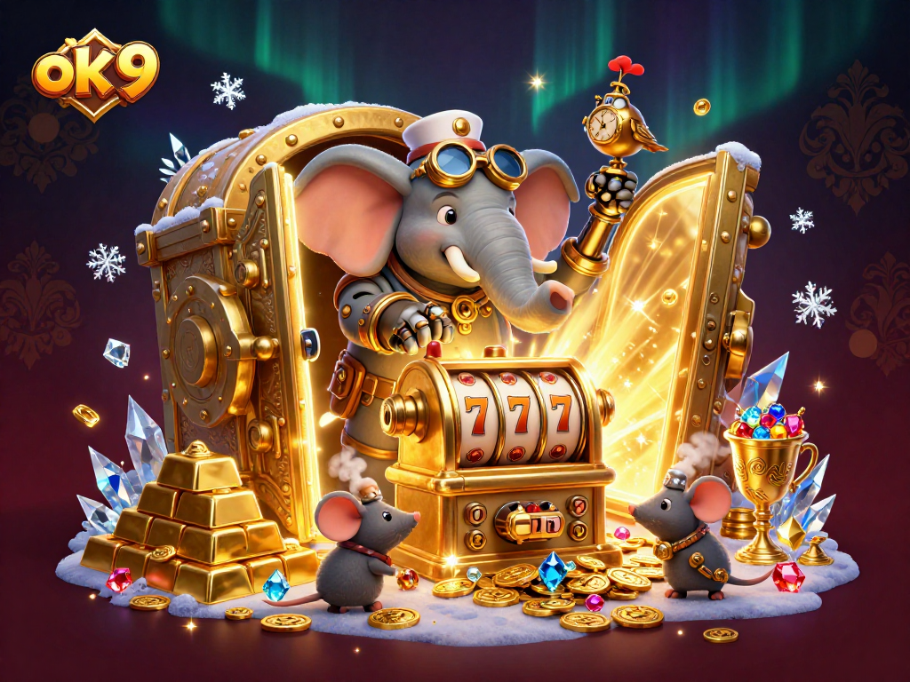 Spin the golden slot machine with ok 9 and uncover treasures in this vibrant 3D casino illustration.