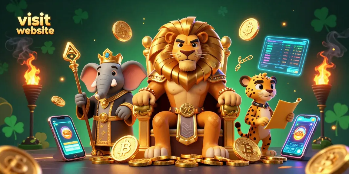 Visit website to spin slots with lion king and friends amidst glowing crypto coins.