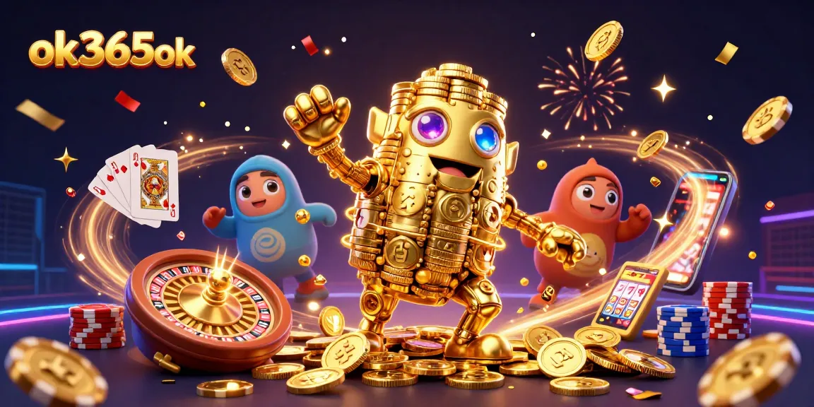 Engage with the exciting world of ok365ok featuring a dynamic golden golem amidst vibrant casino elements.