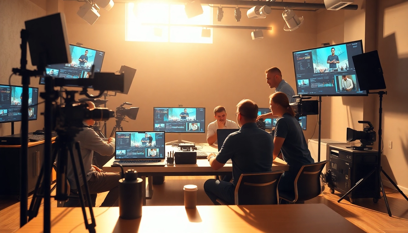 Video production team collaborating in a modern studio with bright lighting and professional equipment.