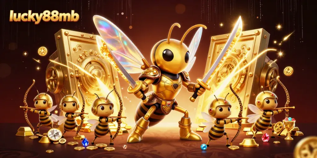 Engage with lucky88mb, featuring a vibrant 3D illustration of a heroic hornet samurai leading bee archers towards treasure.