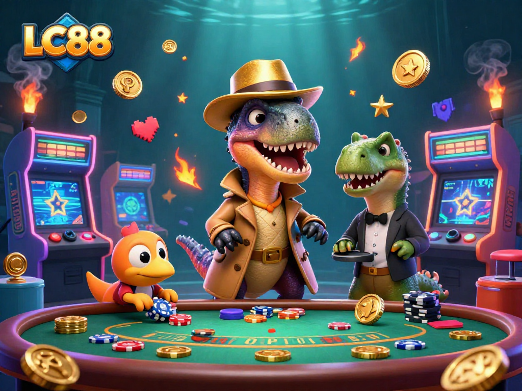 Experience the thrill of LC88 with a cartoon velociraptor counting cards at a blackjack table in this vibrant casino scene.