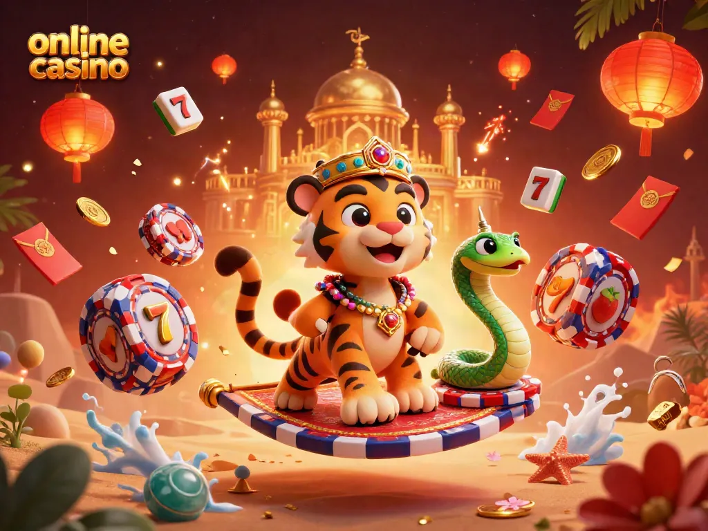 Gana grandes premios en el casino online con tragamonedas y un tigre sultán en un fondo mágico.