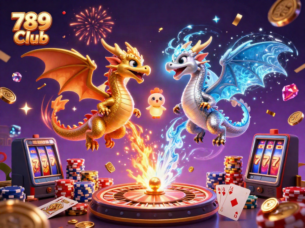 Experience the thrilling world of 789 Club through dynamic dragons, coins, and games in vibrant 3D illustration.