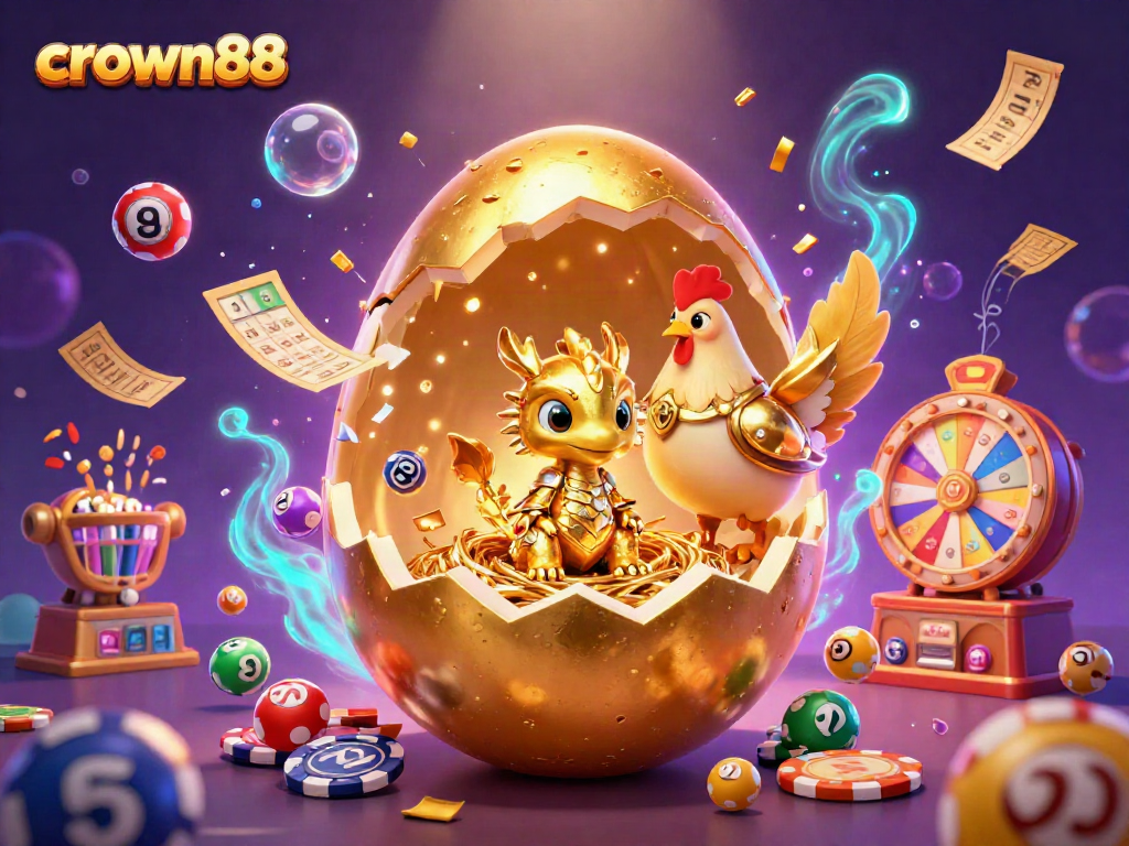 Play and win at crown88's vibrant casino with a dazzling golden dragon surrounded by exciting gaming elements.