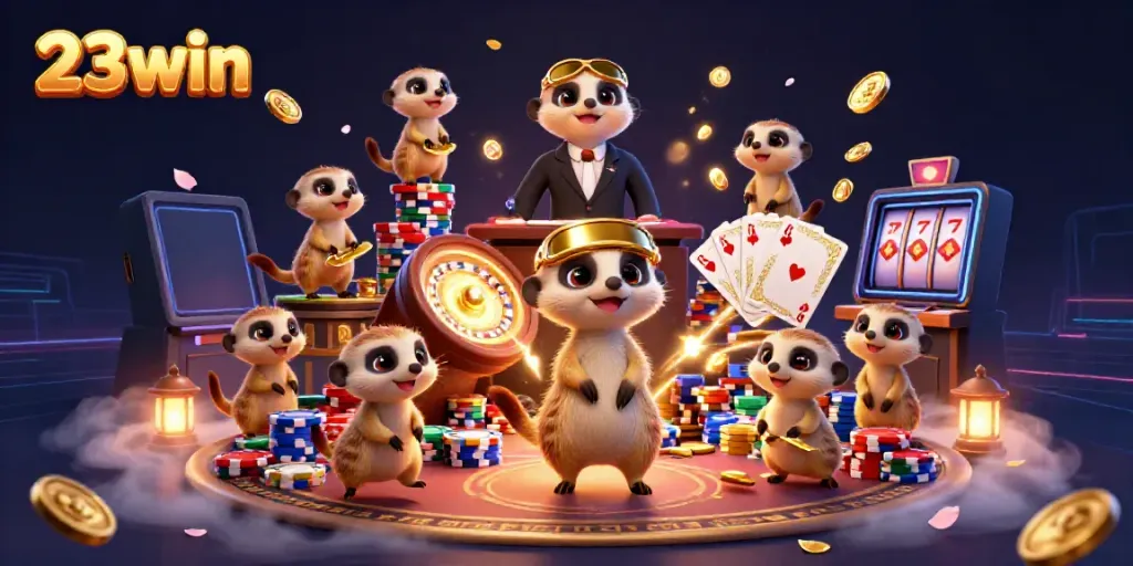 Experience thrilling wins at 23win with playful meerkats operating a vibrant casino scene