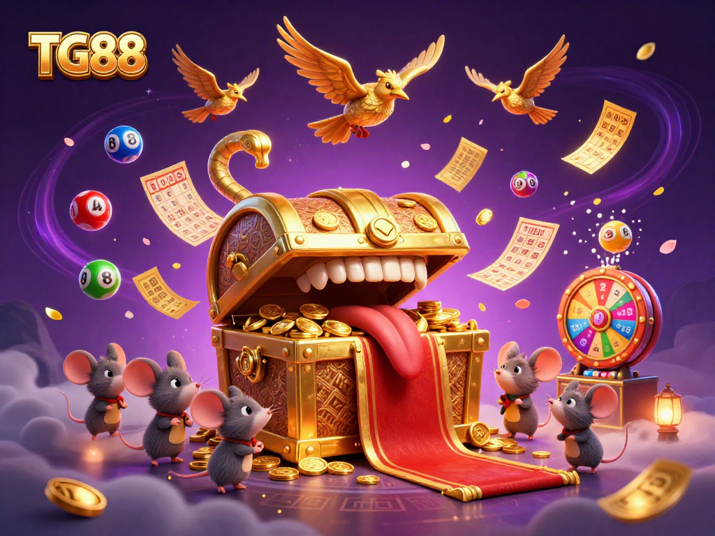 Experience thrilling gameplay at TG88 with vibrant lottery elements and treasure chests inviting players to win big