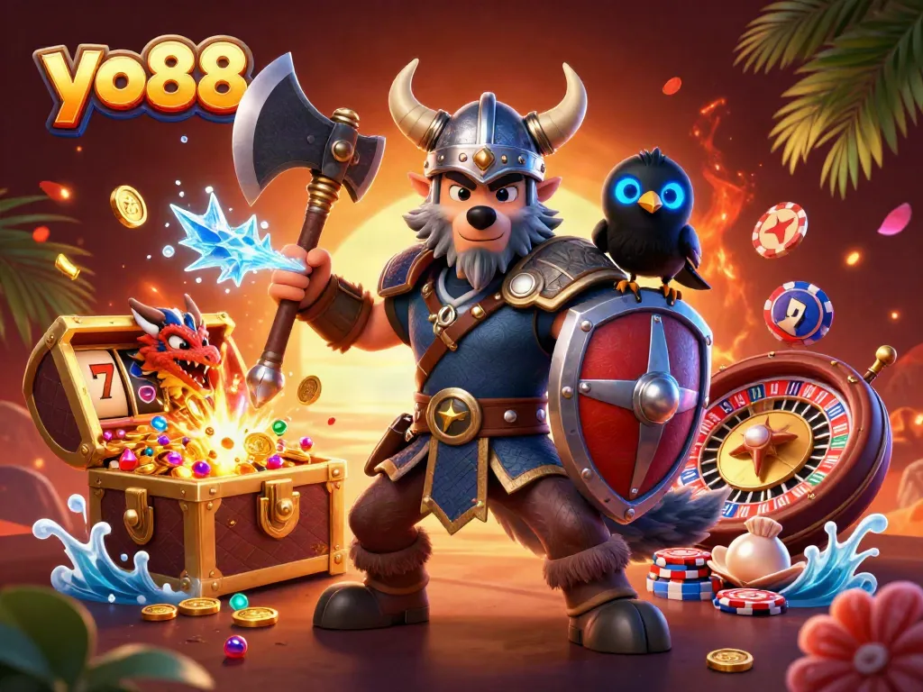 Engage in thrilling gaming experiences with yo88 at this vibrant casino-themed illustration.