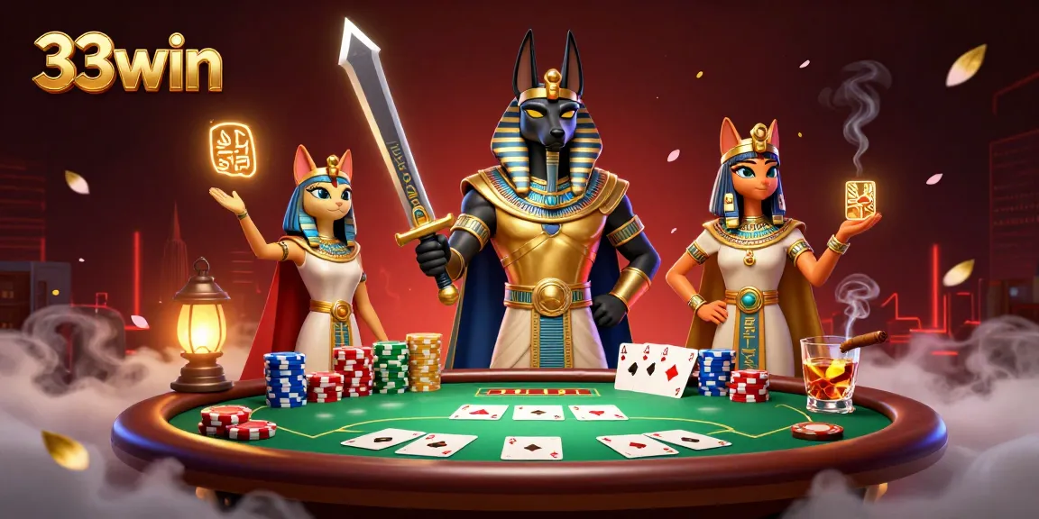 Engage in thrilling poker play at 33win with Anubis and Bastet in an ancient Egyptian casino scene.