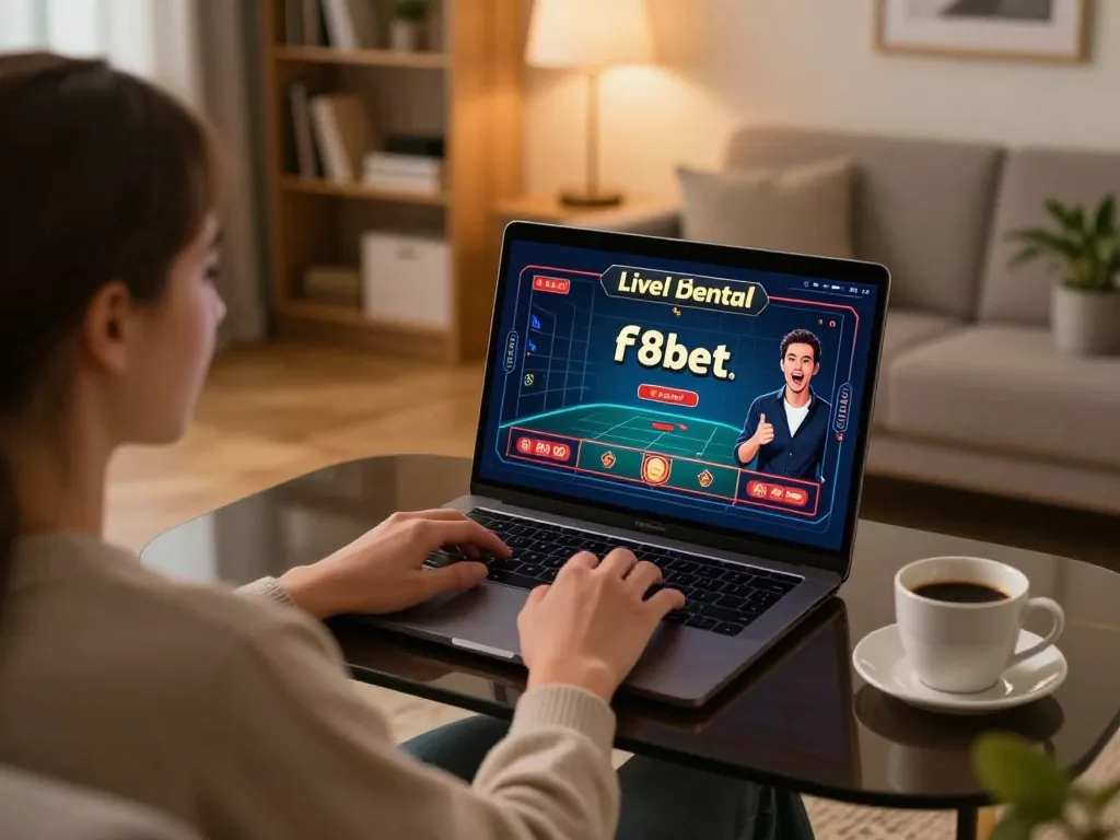 Engaging in online gaming at https://f8bet.dental/ with live dealer action in a cozy home setting.