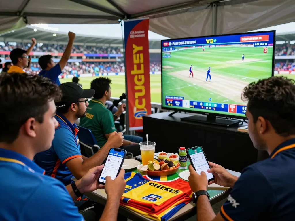 Exciting scene of cricket fans using free cricket betting sites on mobile devices during a vibrant match day.