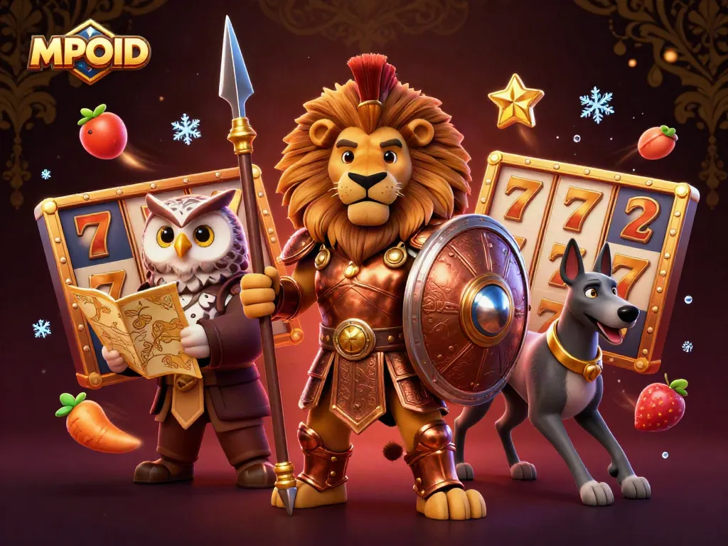 MPOID showcases an epic casino battle with a Spartan lion, owl strategist, and greyhound in stunning 3D.
